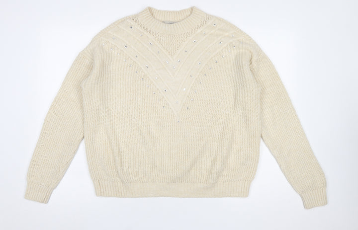 Next Women Ivory Rhinestone Knit Chunky Pullover Jumper Size M