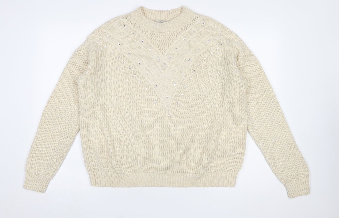 Next Women Ivory Rhinestone Knit Chunky Pullover Jumper Size M