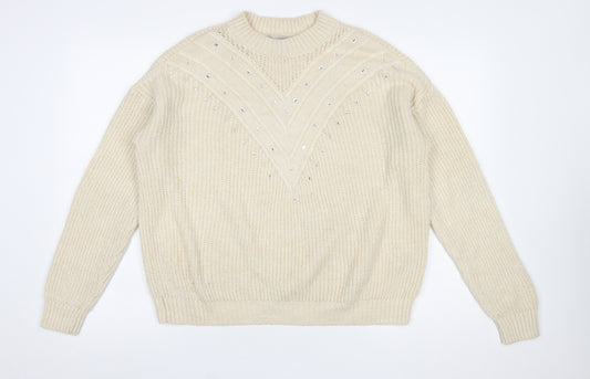 Next Women Ivory Rhinestone Knit Chunky Pullover Jumper Size M