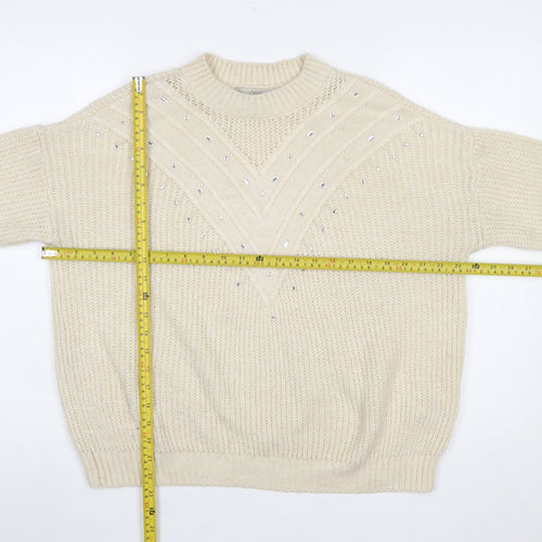 Next Women Ivory Rhinestone Knit Chunky Pullover Jumper Size M