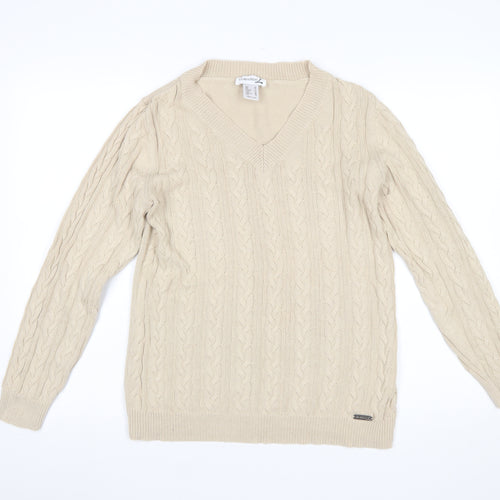 Collection L Women Beige Cable-Knit V-Neck Cotton Jumper Size 12