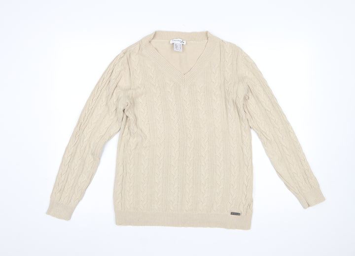 Collection L Women Beige Cable-Knit V-Neck Cotton Jumper Size 12