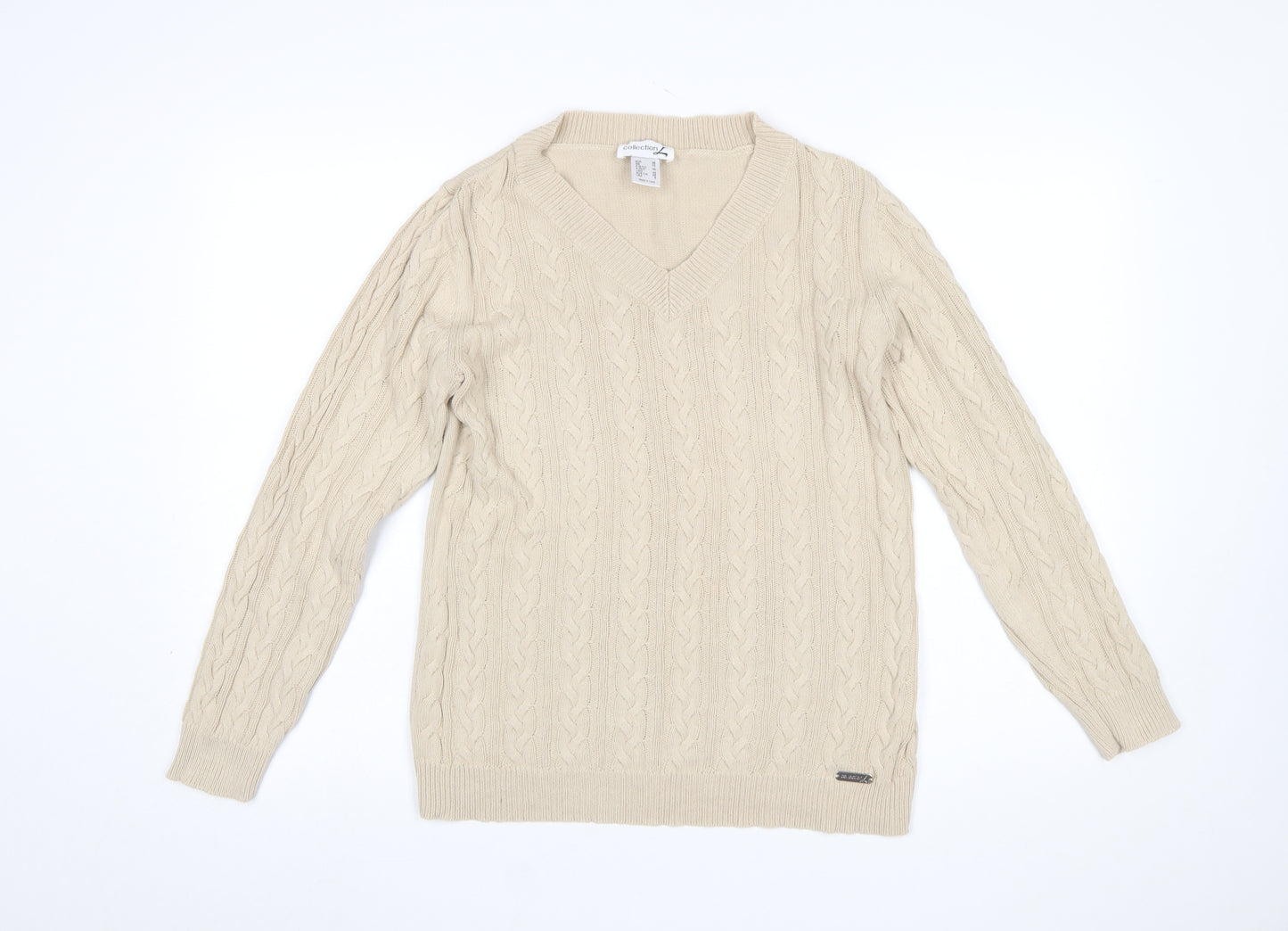 Collection L Women Beige Cable-Knit V-Neck Cotton Jumper Size 12