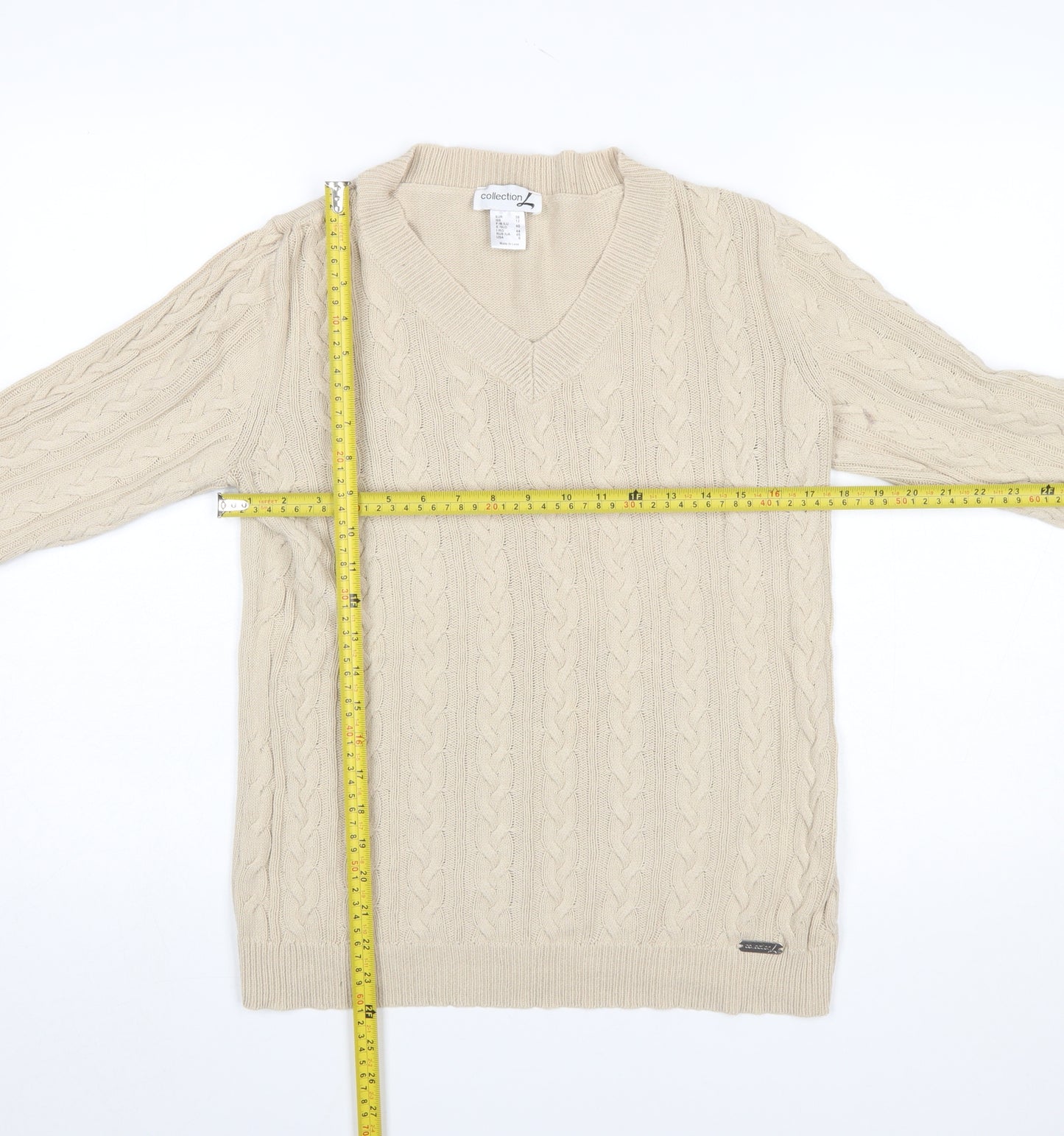 Collection L Women Beige Cable-Knit V-Neck Cotton Jumper Size 12