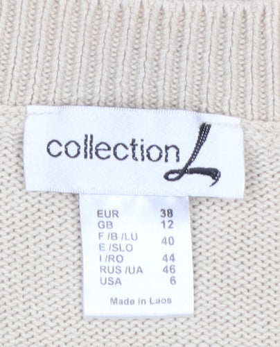 Collection L Women Beige Cable-Knit V-Neck Cotton Jumper Size 12