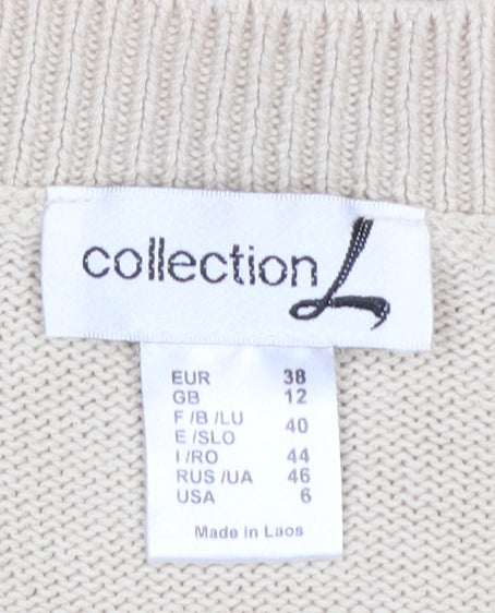 Collection L Women Beige Cable-Knit V-Neck Cotton Jumper Size 12