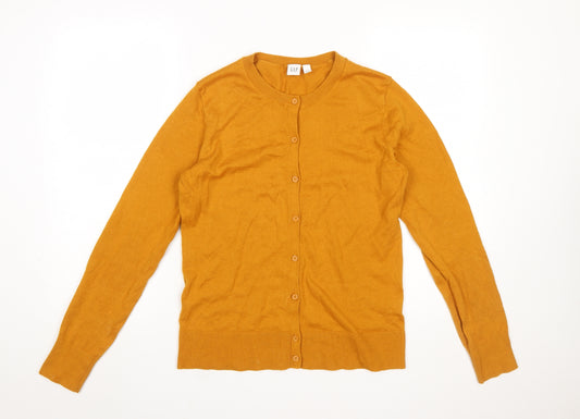 GAP Women's Yellow Cotton Long Sleeve Crew Neck Cardigan M