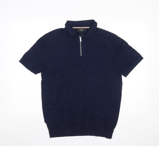 Next Men's Blue Cotton Blend 1/4 Zip Polo Shirt Size M