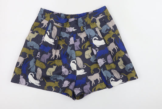 H&M Women’s Multicoloured Cat Print Pleated Chino Shorts Size 8