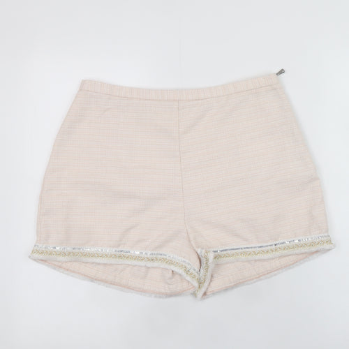 River Island Women Beige Chino Shorts Size 14 Embroidered Fringe