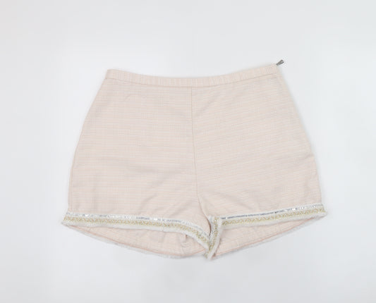 River Island Women Beige Chino Shorts Size 14 Embroidered Fringe