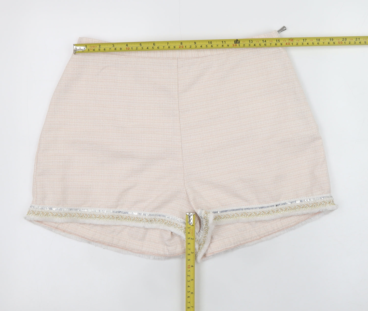 River Island Women Beige Chino Shorts Size 14 Embroidered Fringe