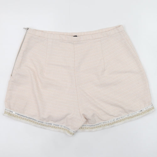 River Island Women Beige Chino Shorts Size 14 Embroidered Fringe