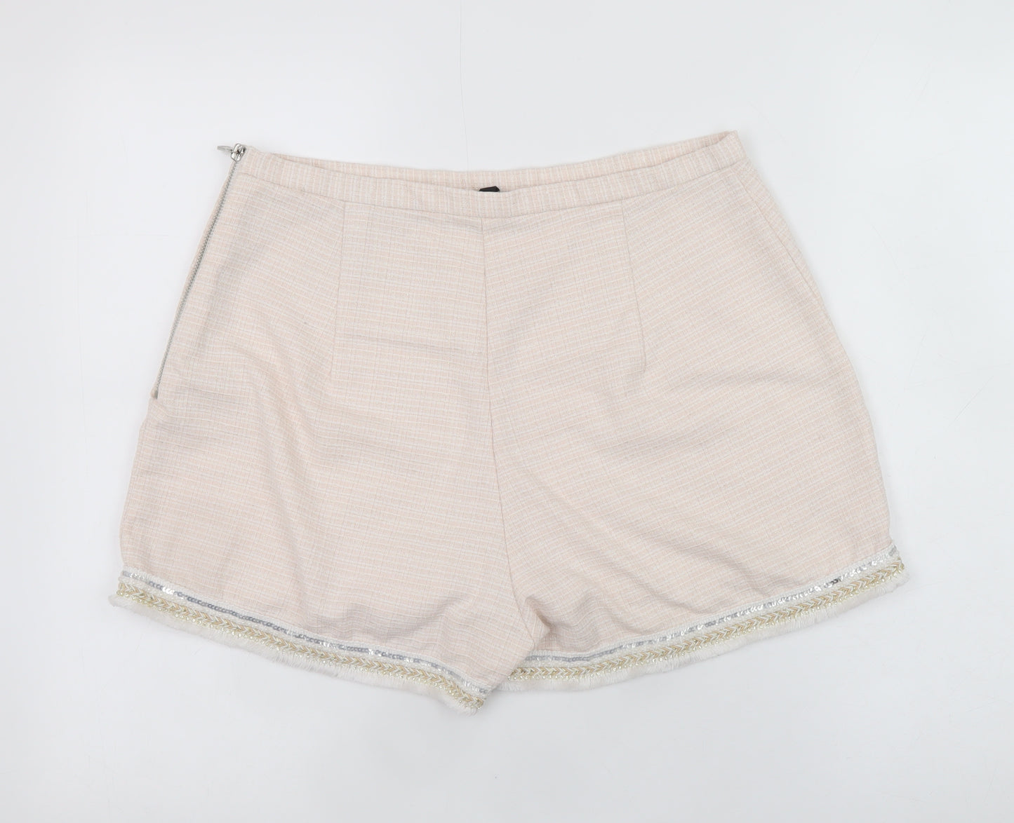 River Island Women Beige Chino Shorts Size 14 Embroidered Fringe