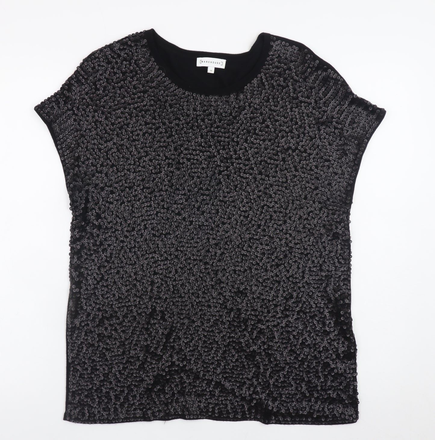Warehouse Womens Black Sequin Short Sleeve Party T-Shirt UK 12
