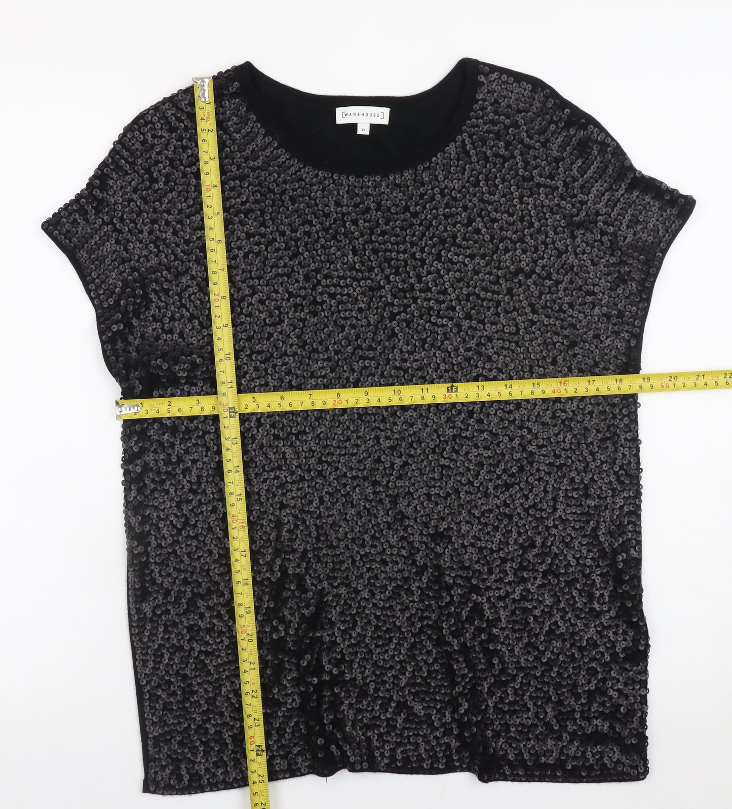 Warehouse Womens Black Sequin Short Sleeve Party T-Shirt UK 12
