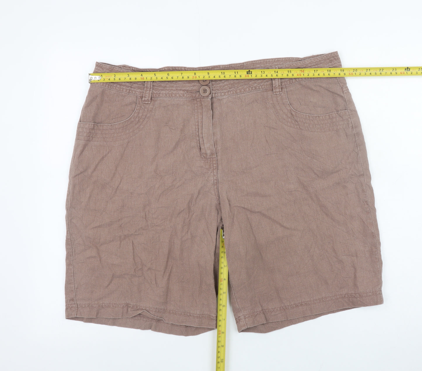 Marks and Spencer Women Beige Linen Blend Bermuda Shorts UK 18