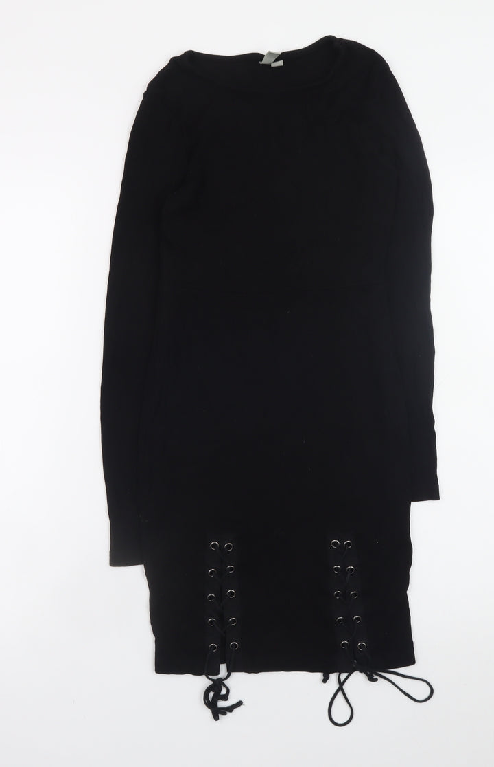 ASOS Womens Black Bodycon Lace-Up Knit Dress Size 10 Long Sleeve