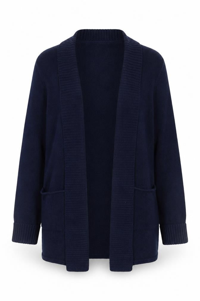Front view of Tahari Women's Navy Blue Medium Open Front Cardigan Knit Jumper