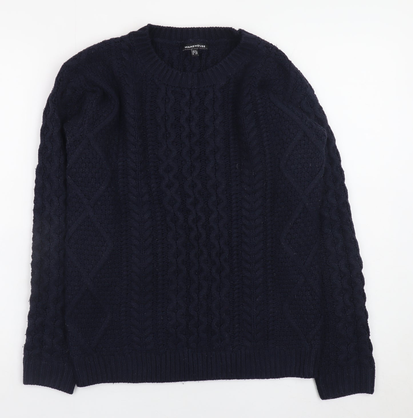 Warehouse Women's Blue Cable-Knit Jumper Size 8