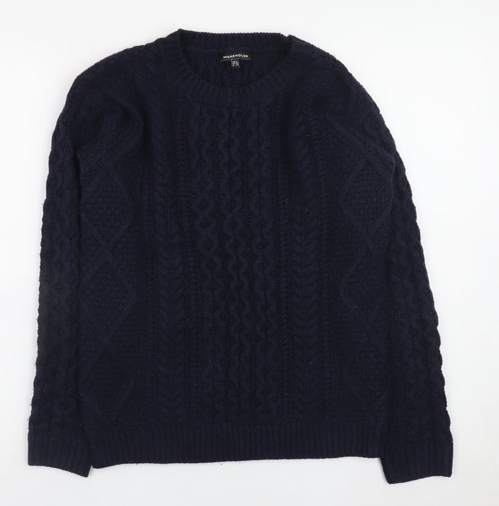 Warehouse Women's Blue Cable-Knit Jumper Size 8