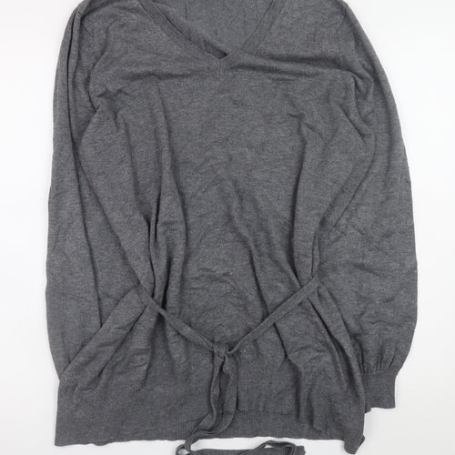 BHS Women Grey V-Neck Long Sleeve Belted Jumper Size 20