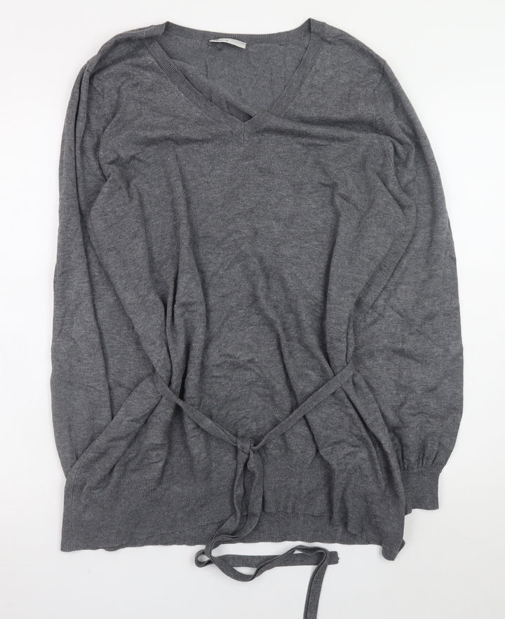 BHS Women Grey V-Neck Long Sleeve Belted Jumper Size 20