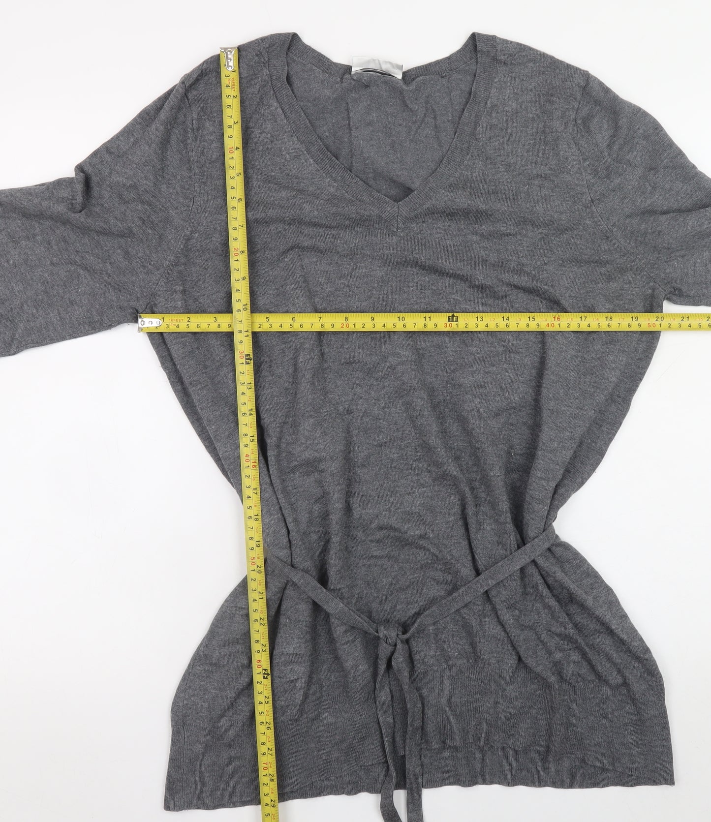 BHS Women Grey V-Neck Long Sleeve Belted Jumper Size 20