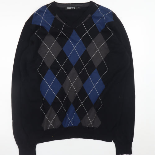 Hippo Men's Blue Argyle V-Neck Cotton Jumper Size M