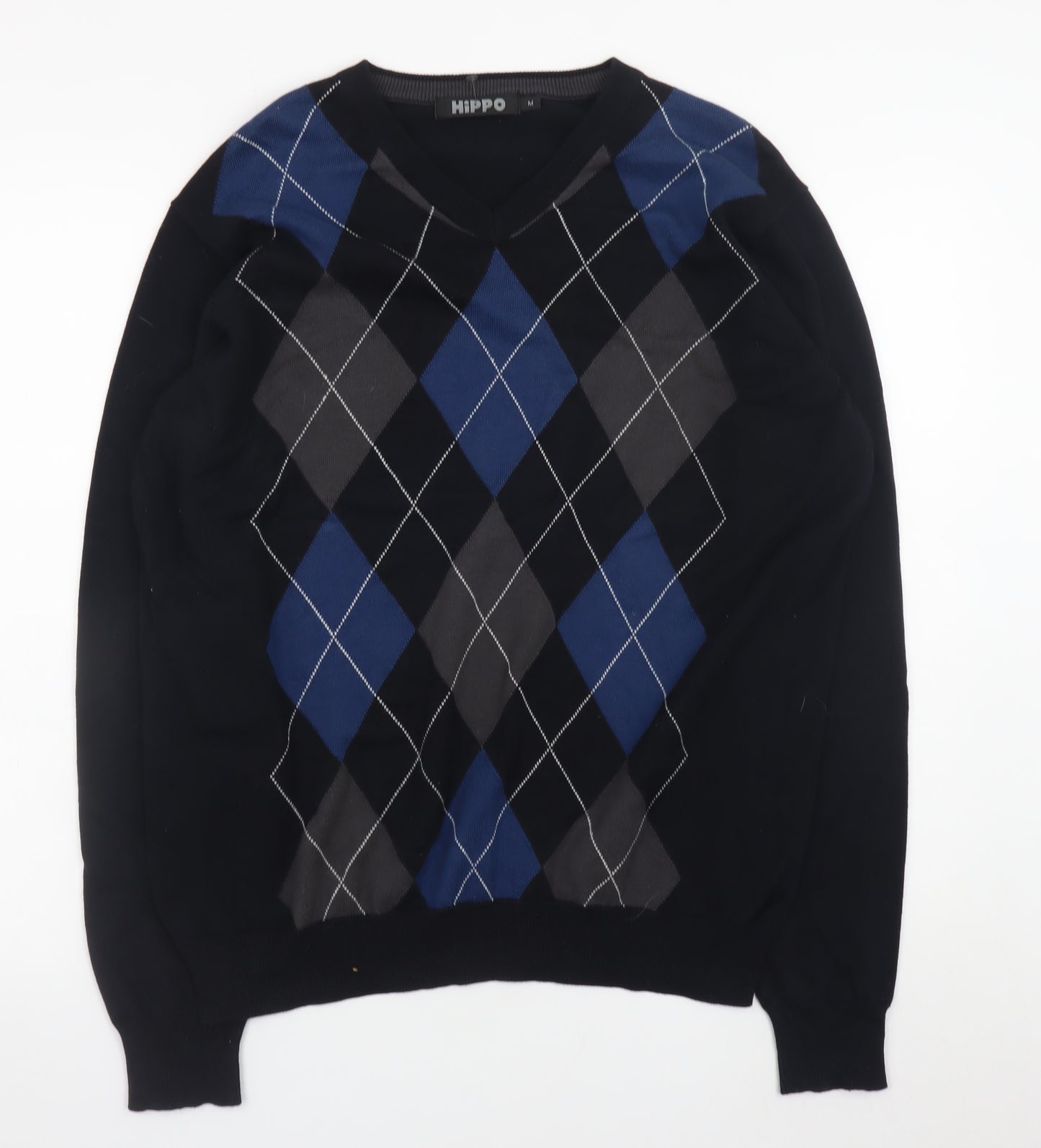 Hippo Men's Blue Argyle V-Neck Cotton Jumper Size M