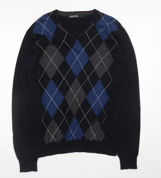 Hippo Men's Blue Argyle V-Neck Cotton Jumper Size M