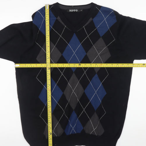 Hippo Men's Blue Argyle V-Neck Cotton Jumper Size M