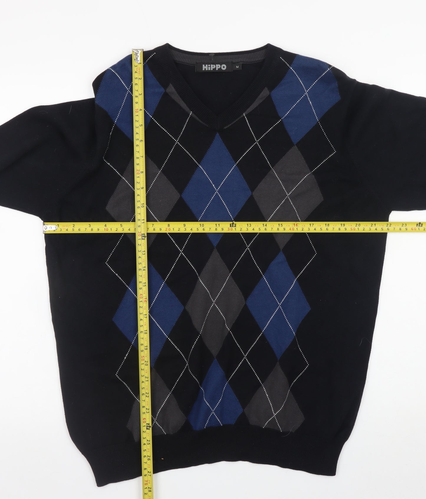 Hippo Men's Blue Argyle V-Neck Cotton Jumper Size M