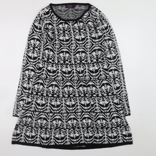 Cristina Women Black Geometric Knit A-Line Dress M Long Sleeve
