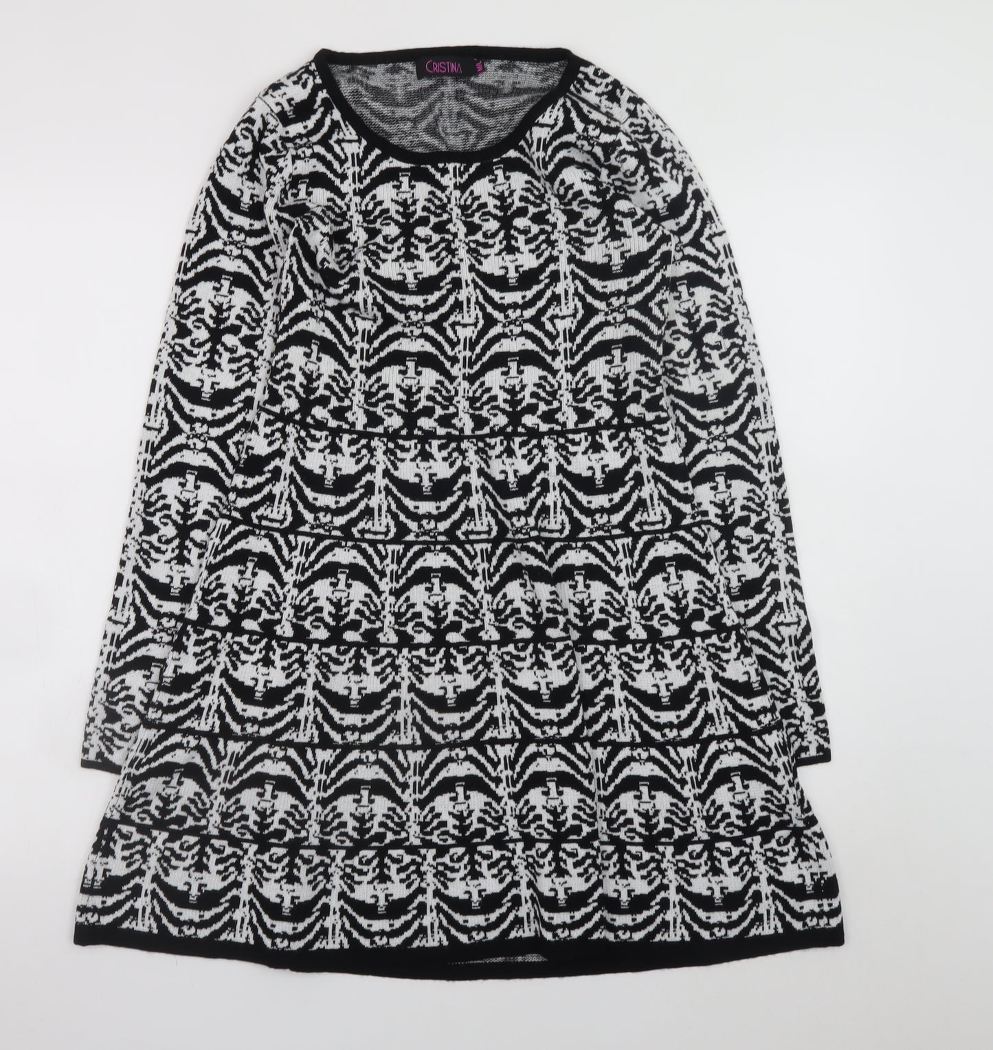 Cristina Women Black Geometric Knit A-Line Dress M Long Sleeve