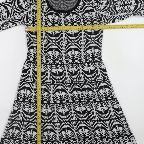 Cristina Women Black Geometric Knit A-Line Dress M Long Sleeve