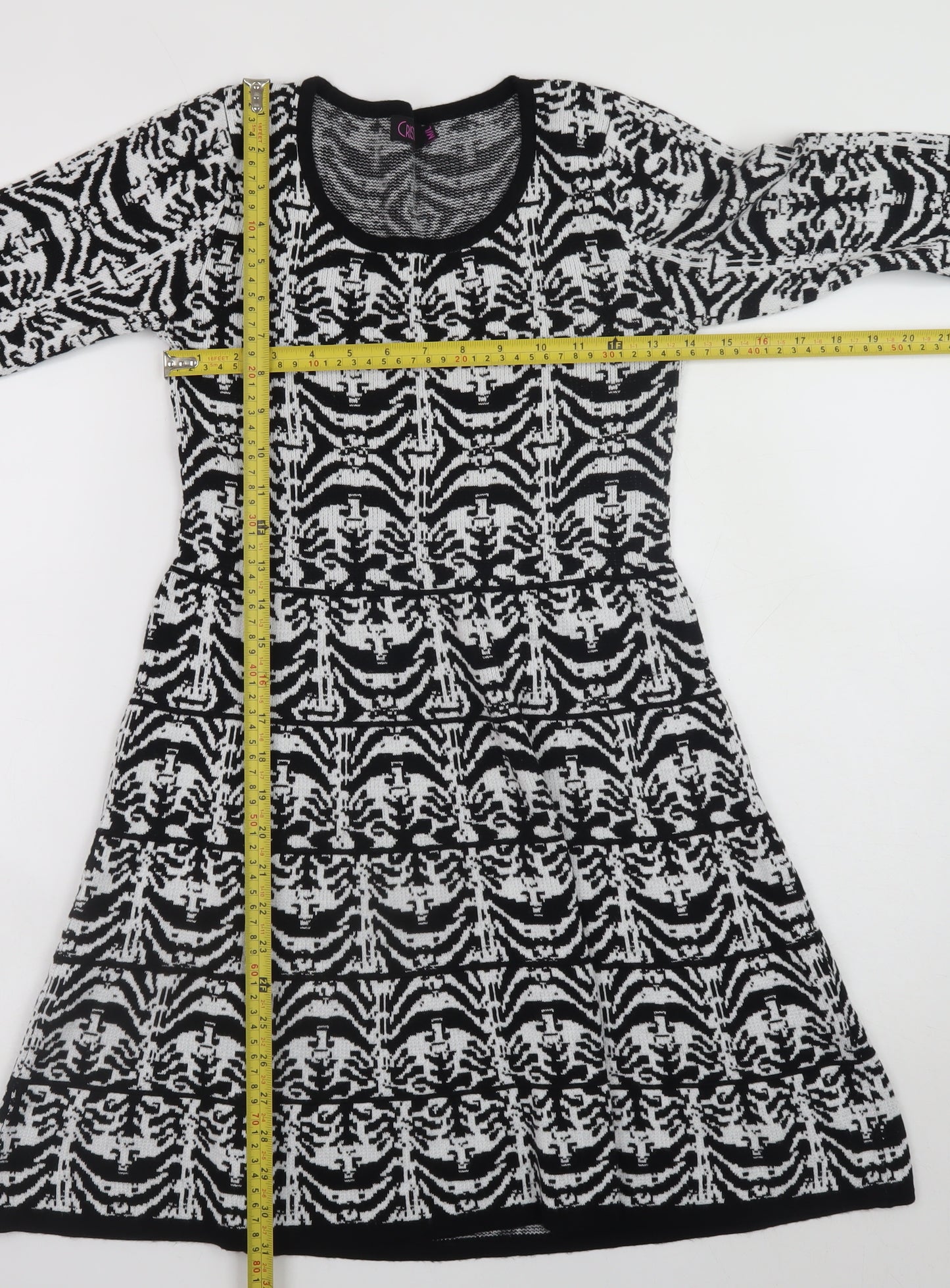 Cristina Women Black Geometric Knit A-Line Dress M Long Sleeve