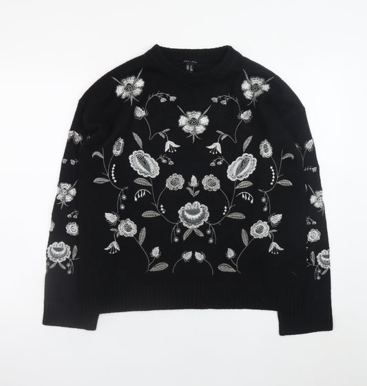 New Look Women's Black Floral Embroidered Pullover Jumper Size M