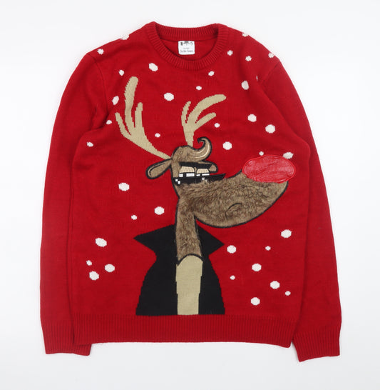 George Men's Red Christmas Reindeer Jumper M Crew Neck Knit