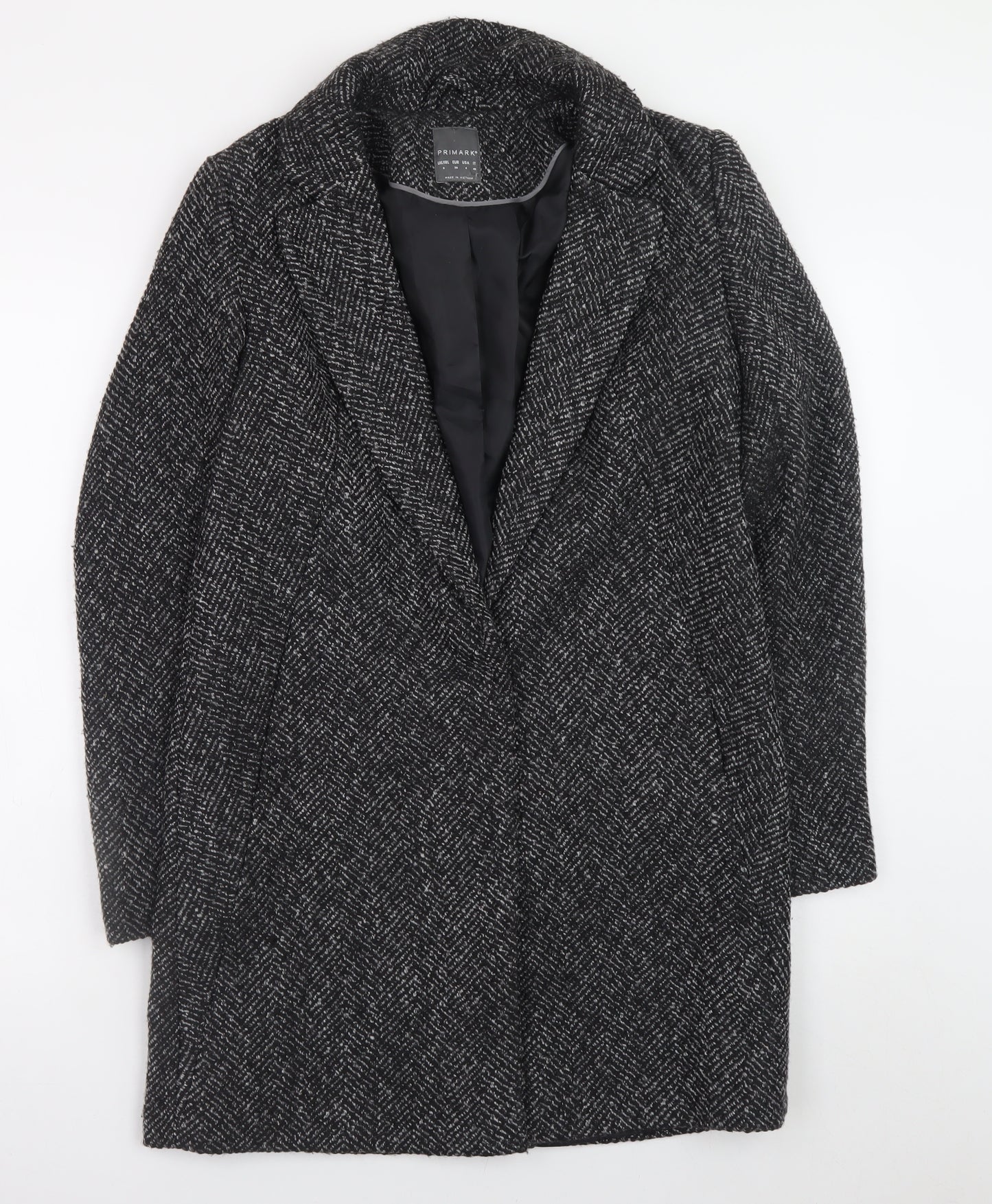 Primark Women's Black Tweed Coat Size 8 Classic Longline