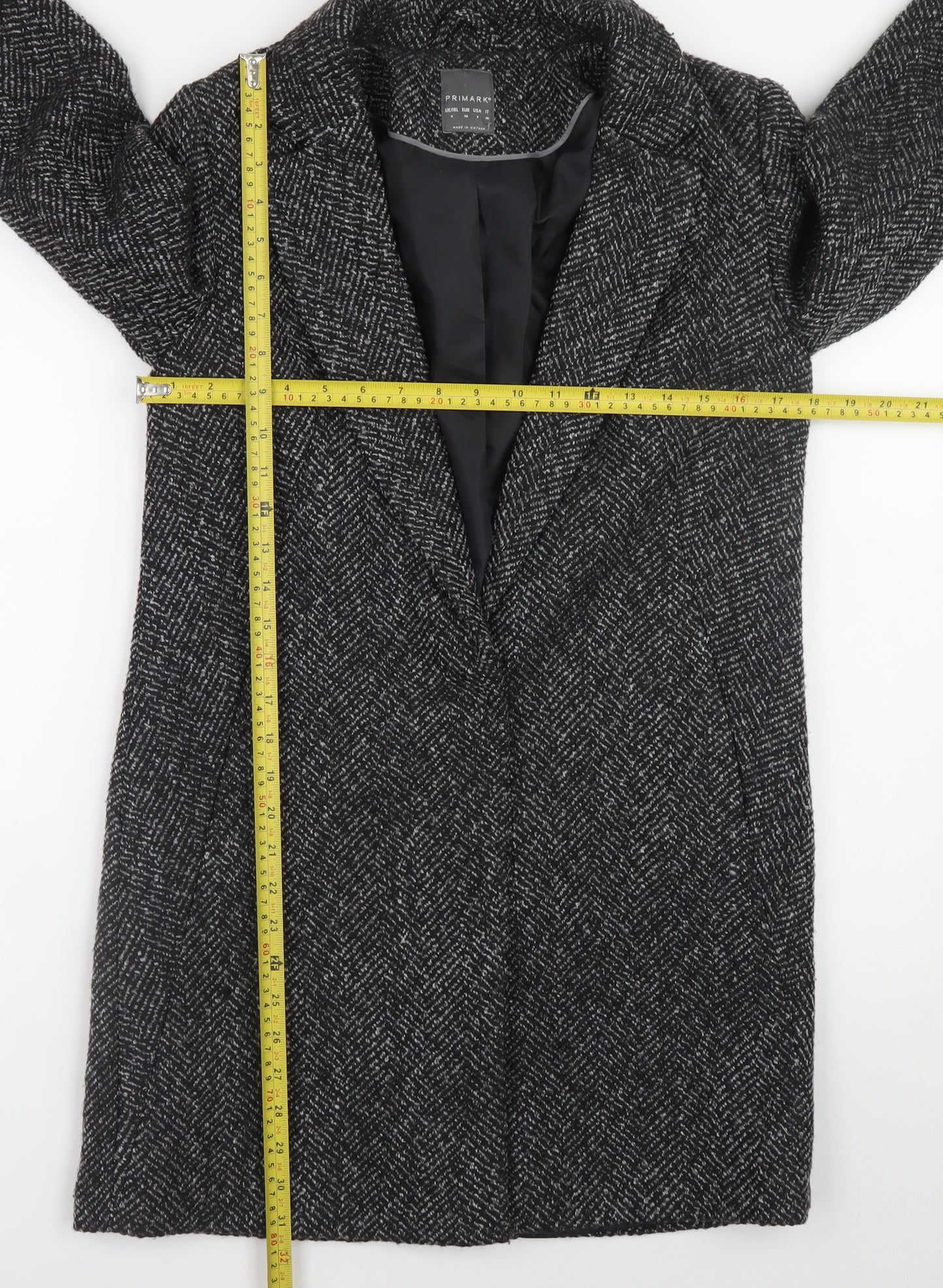 Primark Women's Black Tweed Coat Size 8 Classic Longline