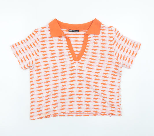Zara Women Orange Geometric Cropped Polo Knit Top Size S