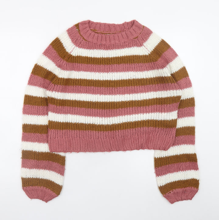 Sinsay Women’s Pink Brown Striped Chunky Knit Pullover Jumper M
