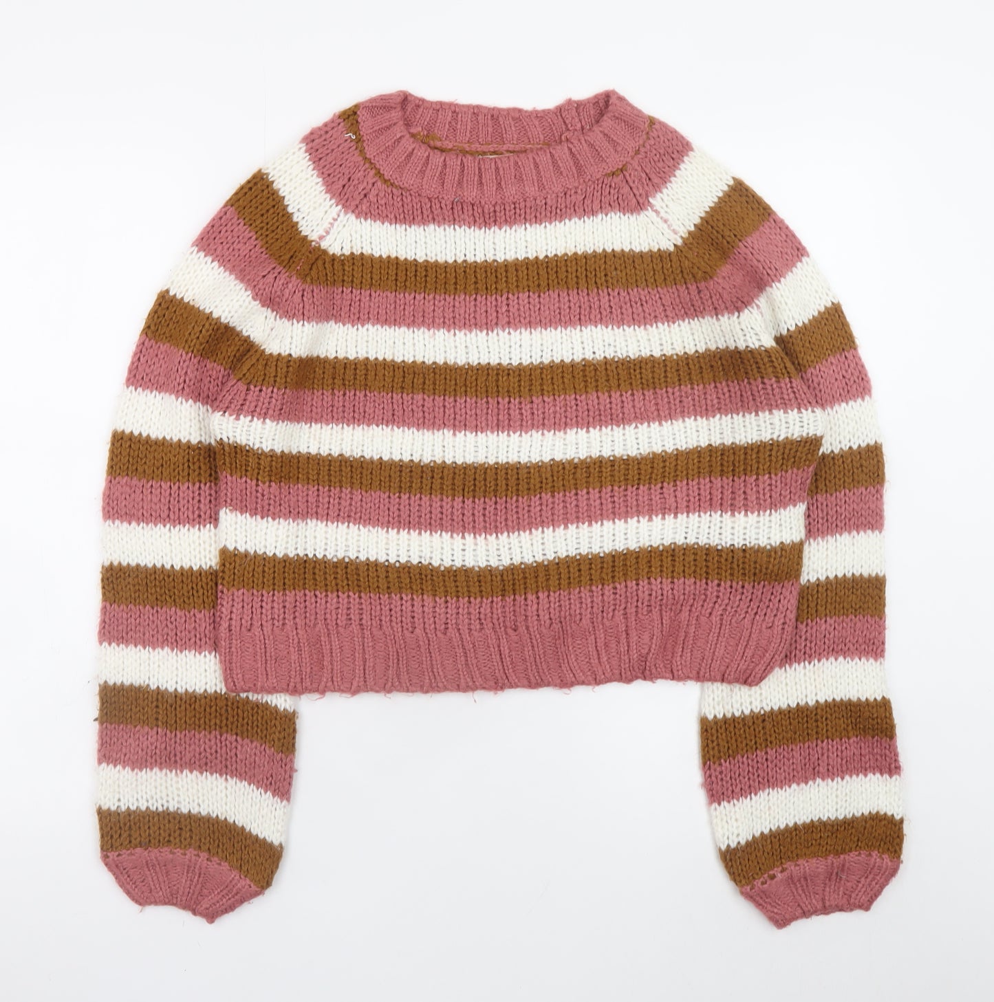 Sinsay Women’s Pink Brown Striped Chunky Knit Pullover Jumper M