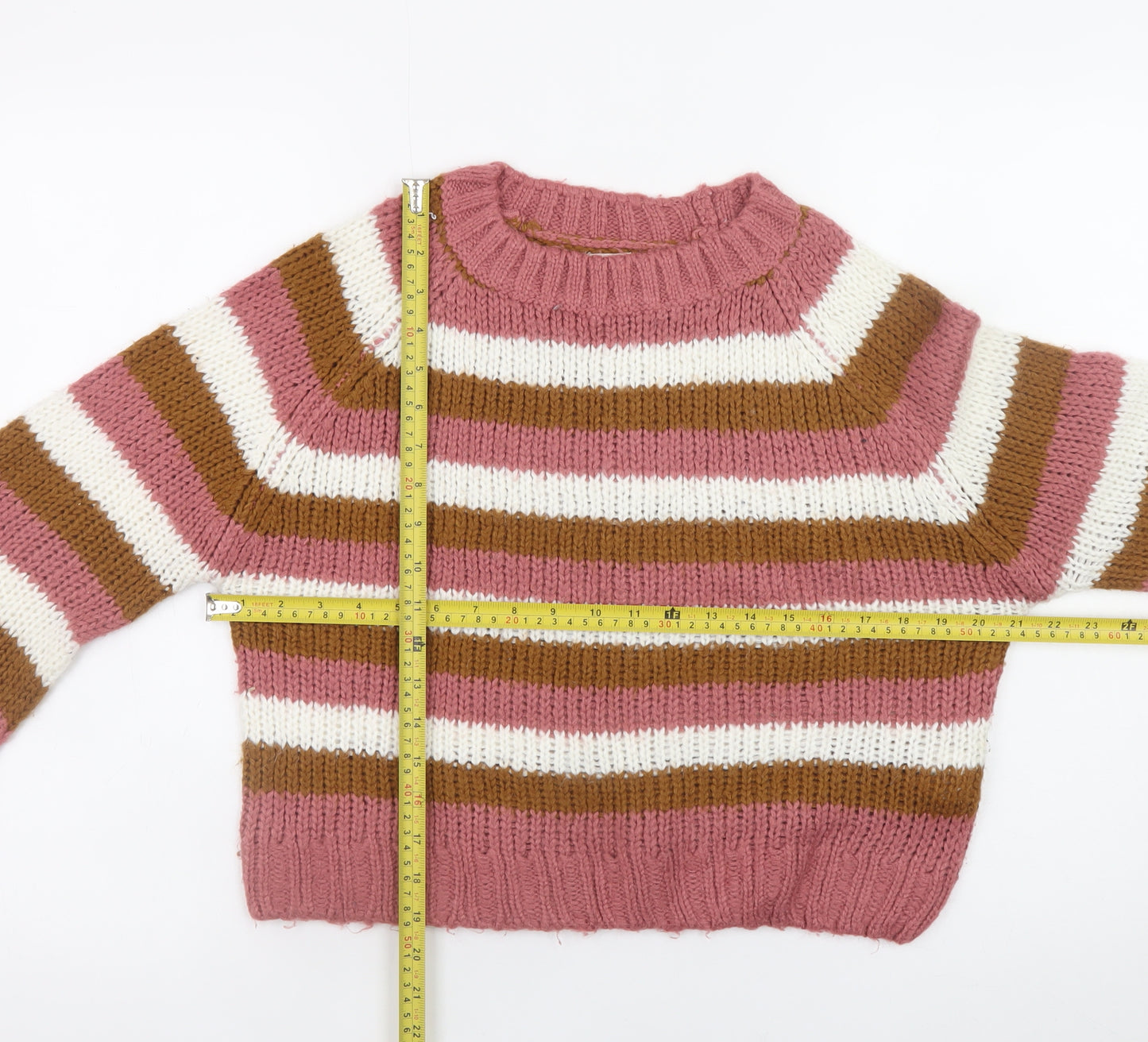 Sinsay Women’s Pink Brown Striped Chunky Knit Pullover Jumper M