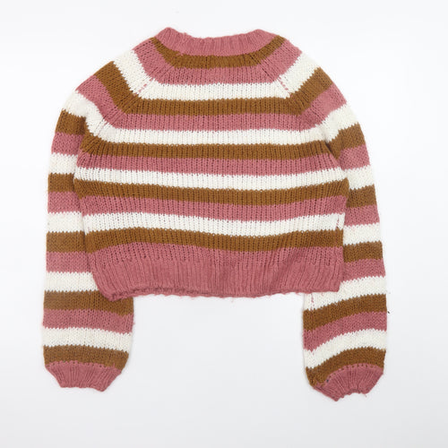 Sinsay Women’s Pink Brown Striped Chunky Knit Pullover Jumper M
