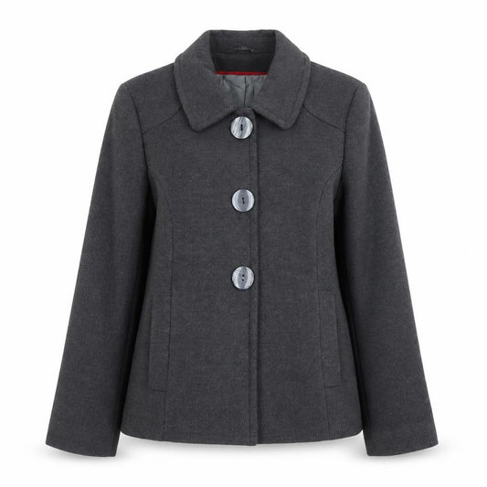 Front view of Bonmarché Women’s Grey Button-Up Short Jacket, size UK 14, Polyester Blend