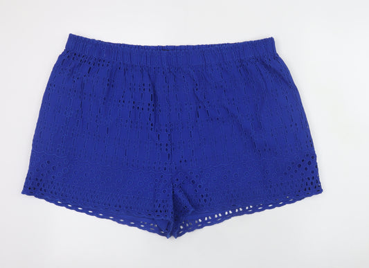 F&F Women Blue Cotton Embroidered Elastic Waist Shorts UK 20