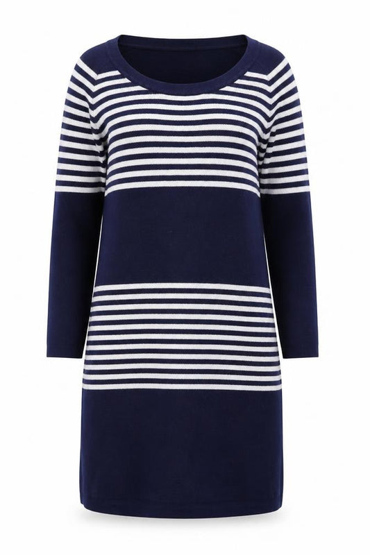 Front view of Great Plains Women Blue Striped Jumper Dress L Knit Casual