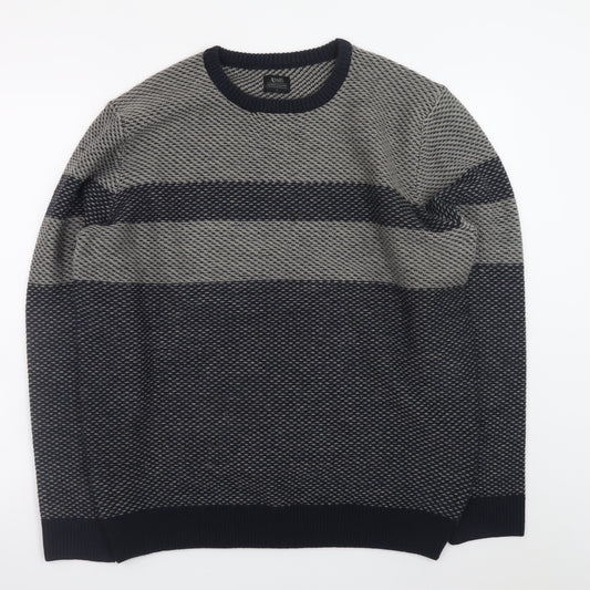 ACW85 Men's Grey Striped Knit Jumper L Crew Neck Wool Blend
